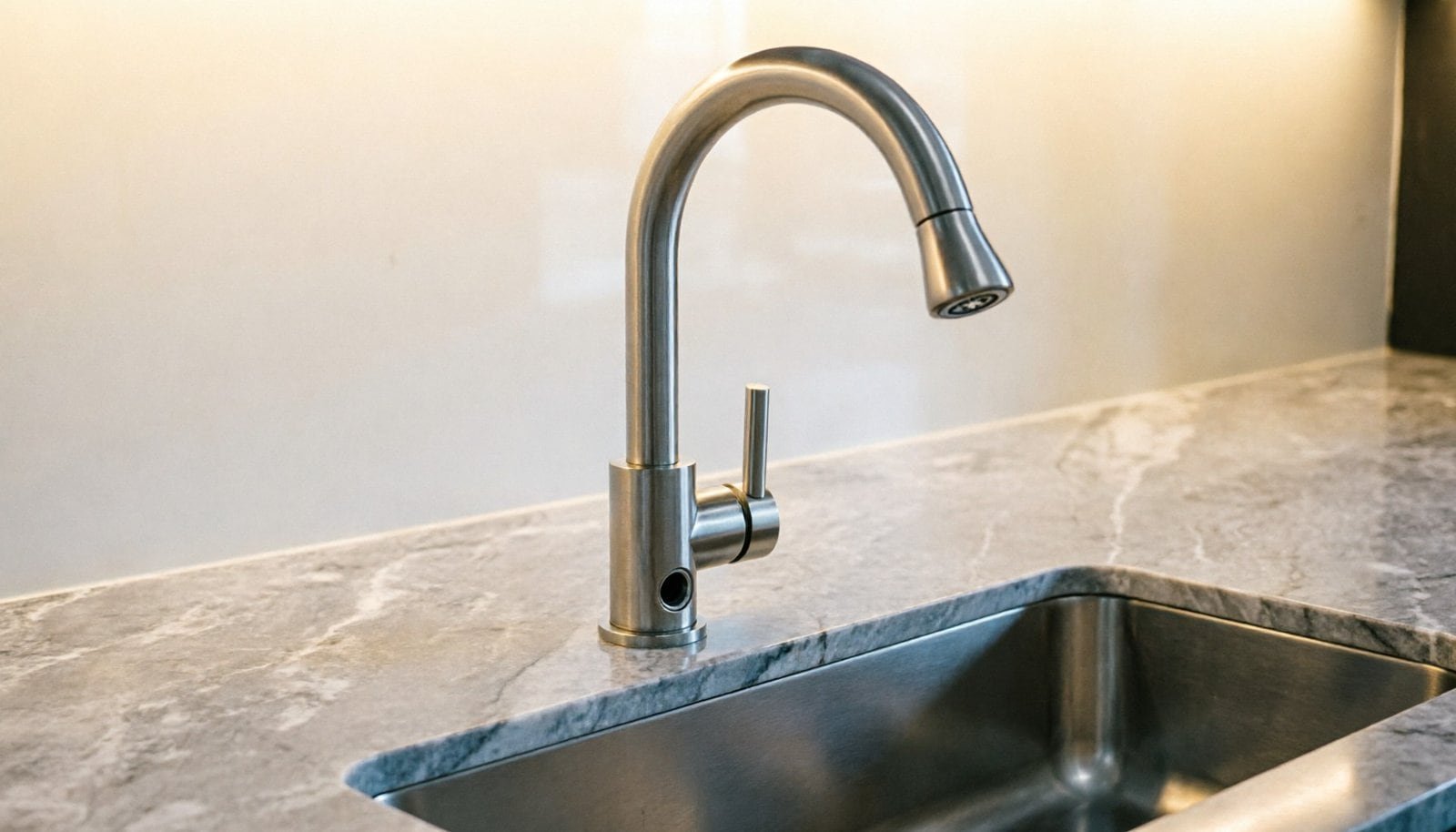 Coordinated kitchen sink and faucet pair with matching brushed nickel finish