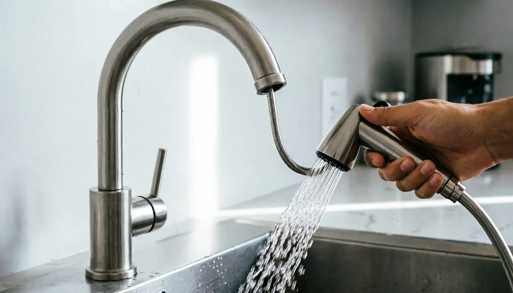 Hand pulling kitchen faucet spray wand from faucet body, switching spray patterns
