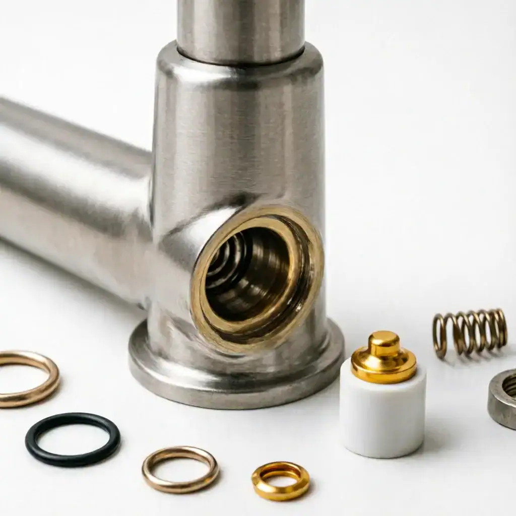 Close-up of a WaterSense certified faucet showing solid brass construction and ceramic disc cartridge