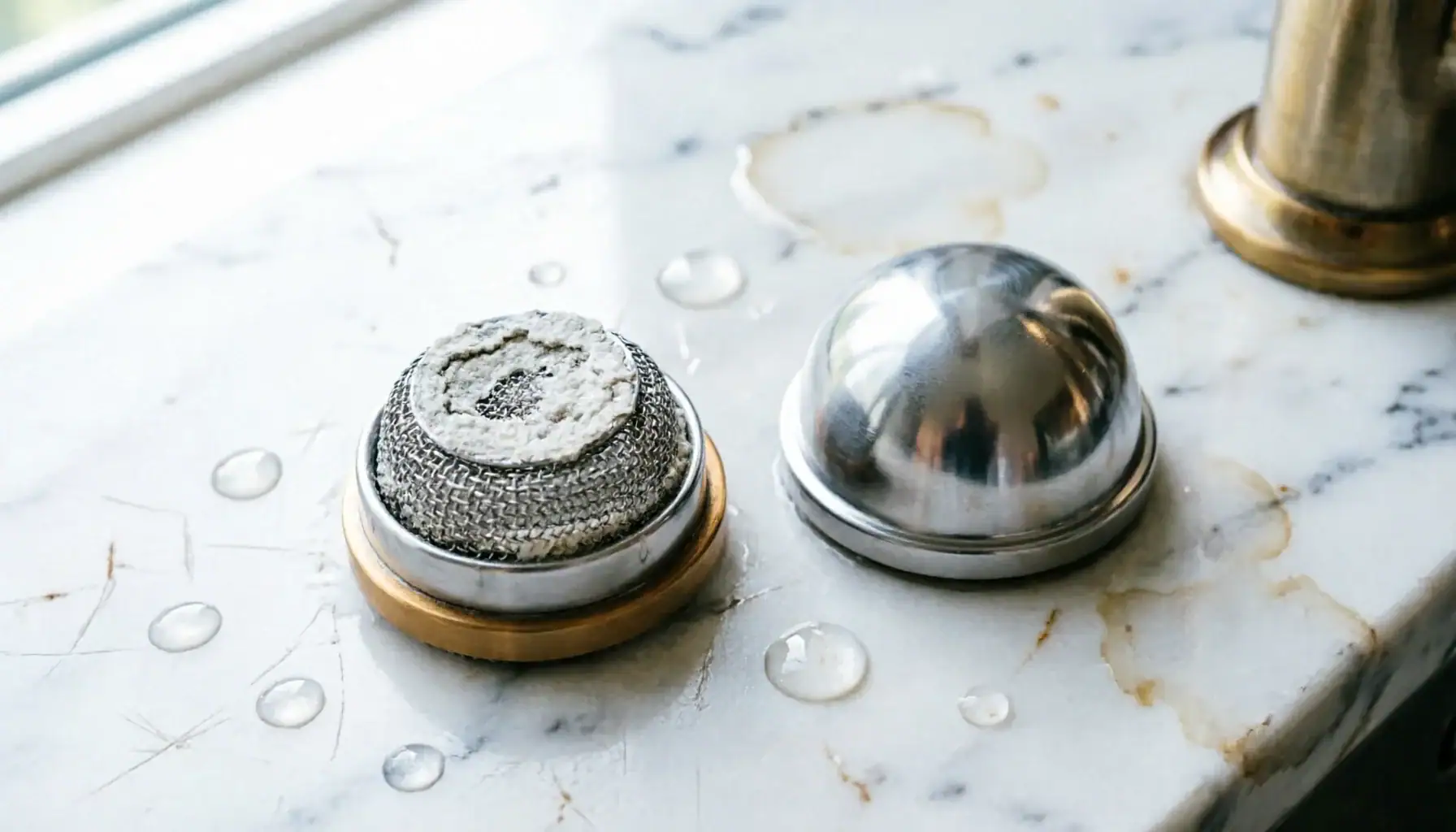 Kitchen faucet aerator being cleaned, showing visible mineral scale buildup vs clean mesh