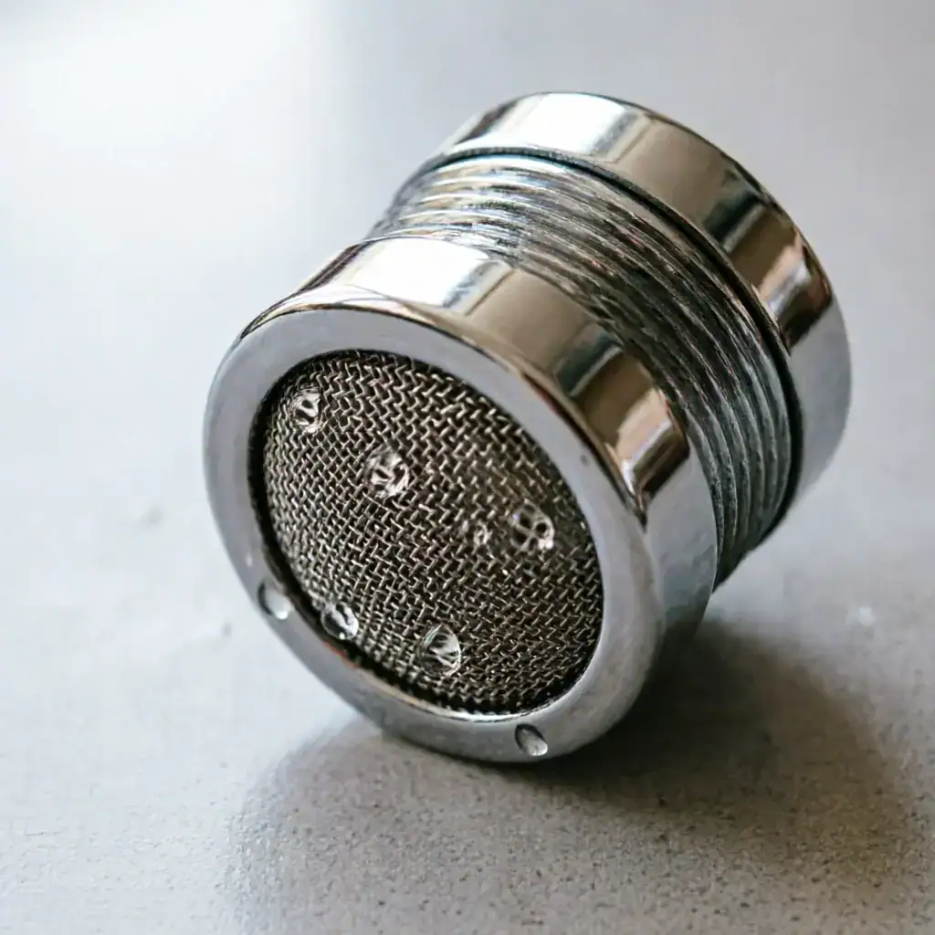 Water-saving faucet aerator close-up showing air-infused water stream