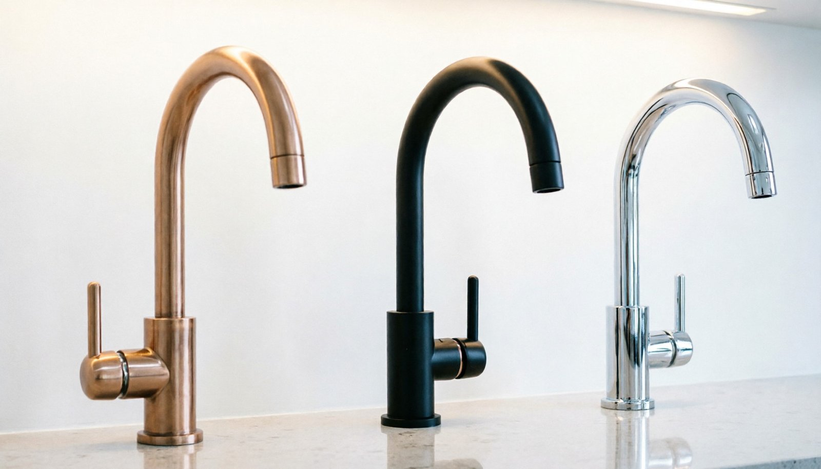 Three faucet finishes comparison: brushed nickel, matte black, polished chrome