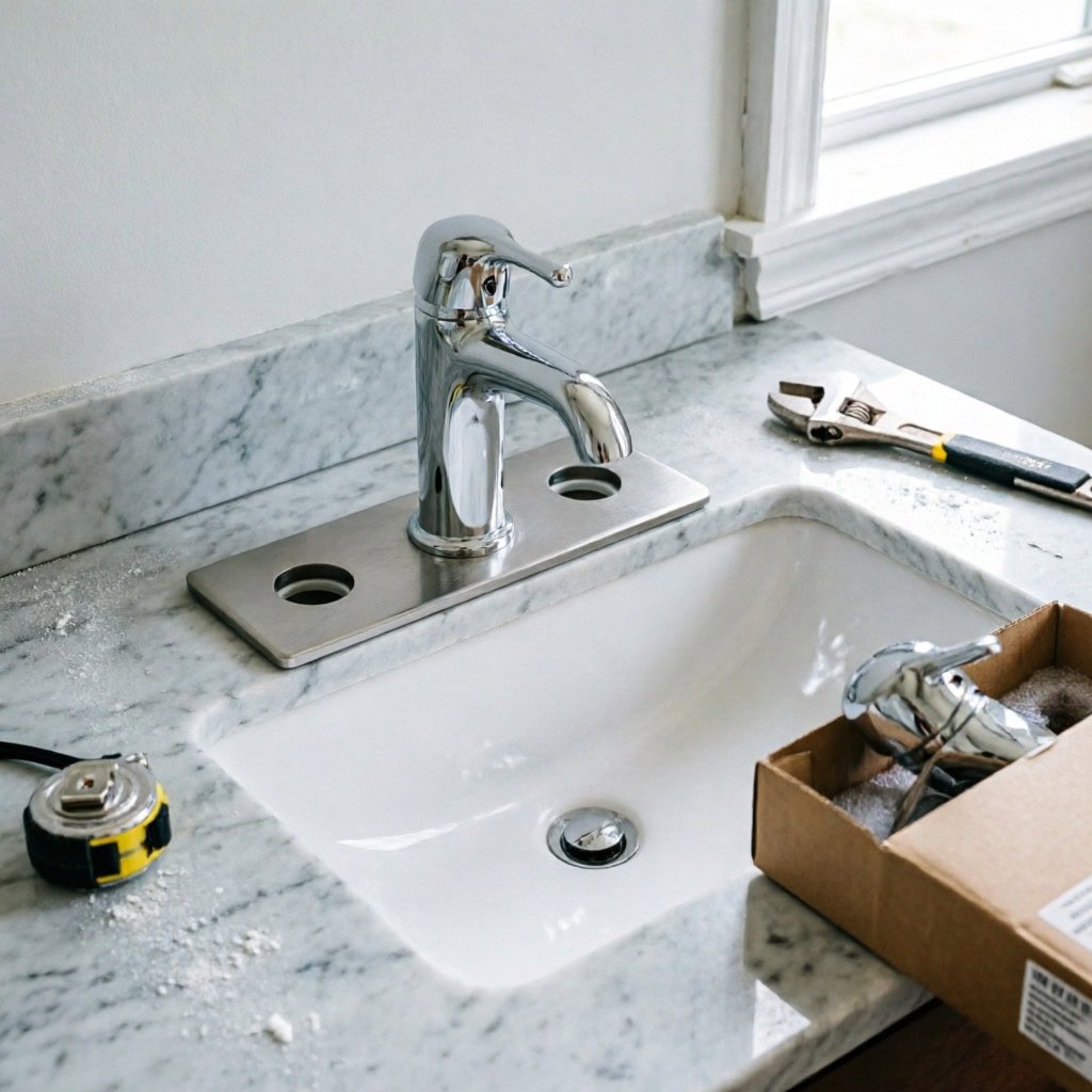 Contractor installing single-hole bathroom faucet on three-hole sink with deck plate cover