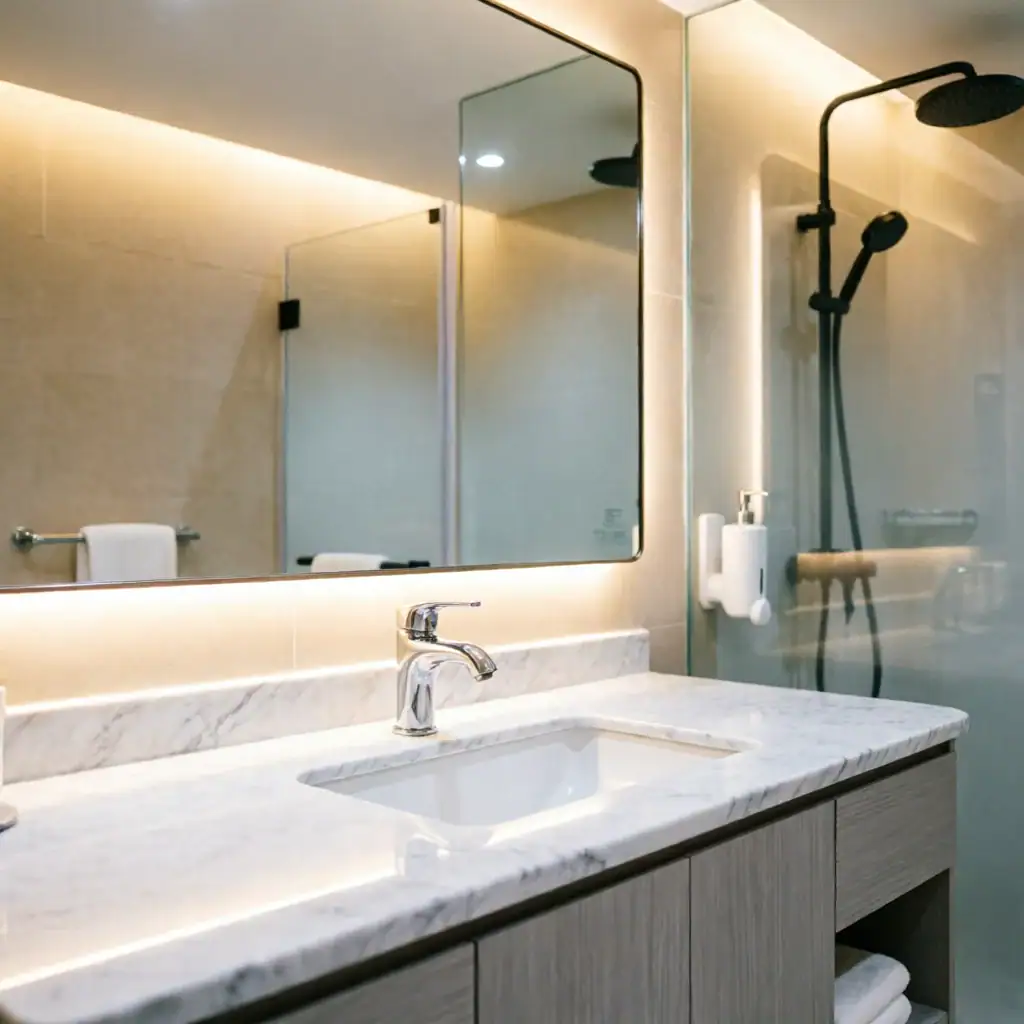 Luxury hotel bathroom interior with single-hole chrome faucet