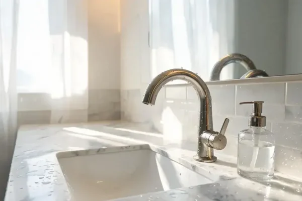 Close-up of a sleek kitchen sink with A-Torneira faucet and marble countertop.