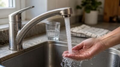 Chrome faucet with a smooth aerated stream flowing into a stainless steel sink