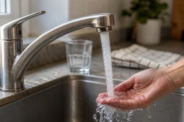 Chrome faucet with a smooth aerated stream flowing into a stainless steel sink