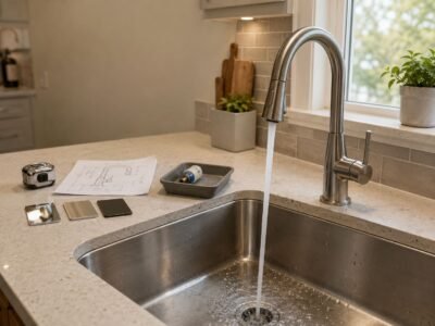 Kitchen sink faucet buying guide showing faucet fit, finish samples, measurements, and replaceable components