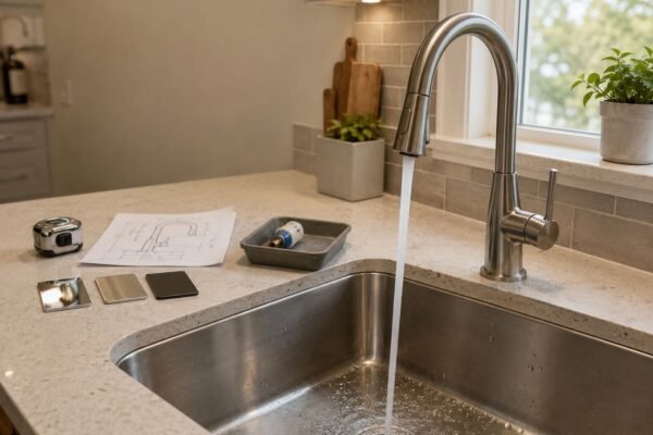 Kitchen sink faucet buying guide showing faucet fit, finish samples, measurements, and replaceable components