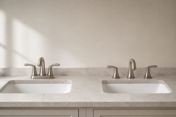 Centerset and widespread bathroom faucets installed on two matching vanity sinks