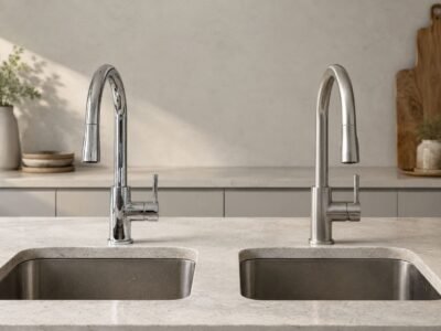 Polished chrome and brushed stainless steel faucets shown side by side for finish comparison