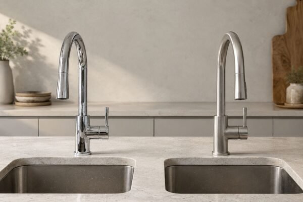 Polished chrome and brushed stainless steel faucets shown side by side for finish comparison