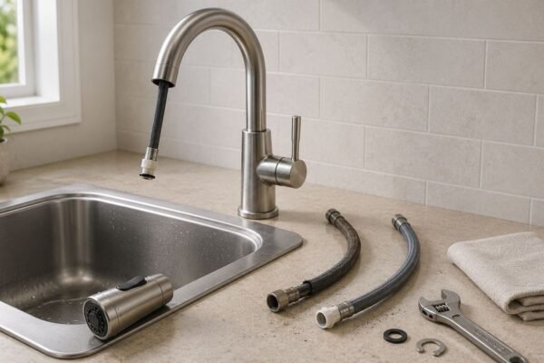 Replacing a pull-down kitchen faucet sprayer hose with a compatible new hose above a stainless steel sink