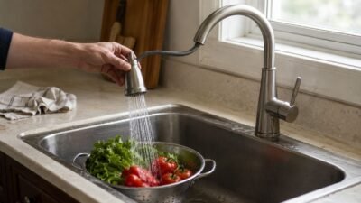Pull-down kitchen faucet with a sprayer rinsing fresh vegetables in a stainless steel sink