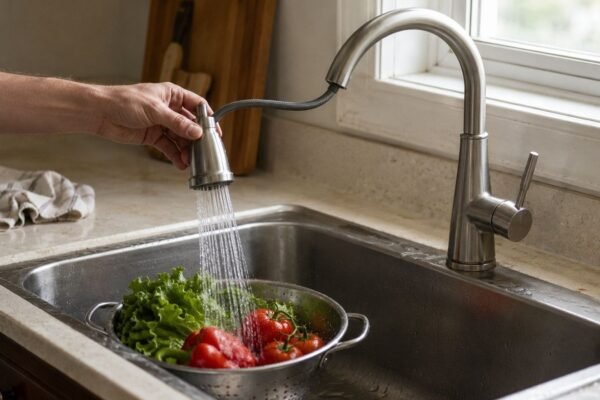 Pull-down kitchen faucet with a sprayer rinsing fresh vegetables in a stainless steel sink