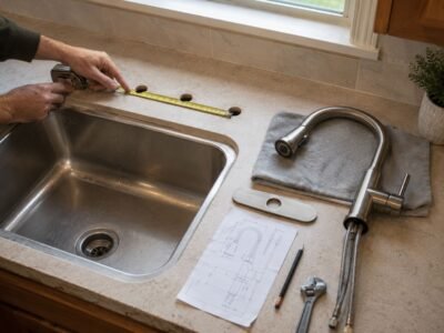 Homeowner measuring sink mounting-hole spacing before choosing a compatible faucet