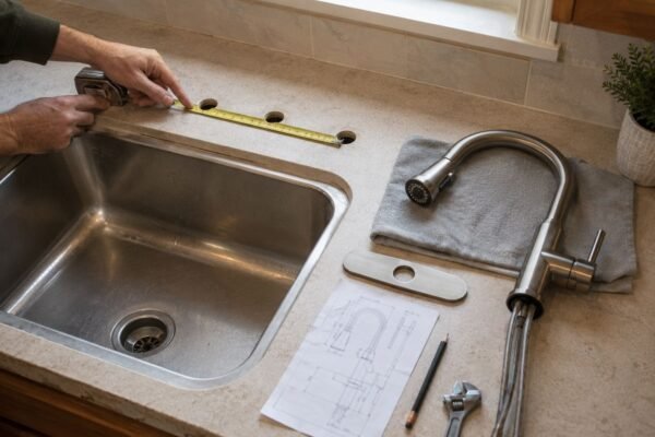 Homeowner measuring sink mounting-hole spacing before choosing a compatible faucet