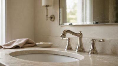 Polished nickel widespread bathroom faucet installed on a warm stone vanity