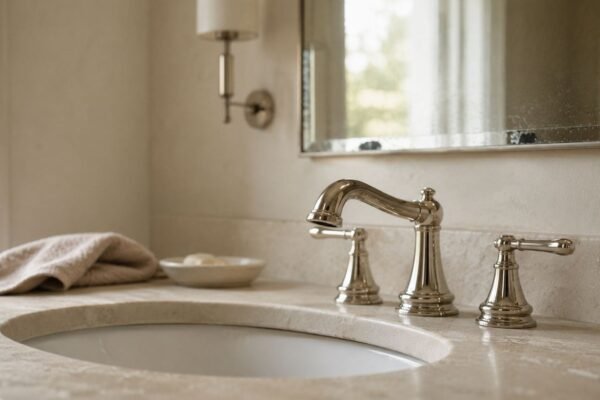 Polished nickel widespread bathroom faucet installed on a warm stone vanity