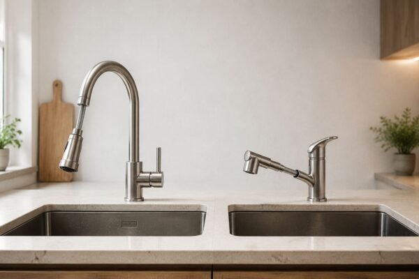 Pull-down and pull-out kitchen faucets installed side by side for comparing spout height, reach, and sink clearance