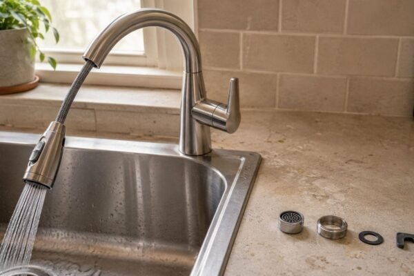 Pull-out kitchen faucet spray head with aerator, adapter ring, and washer on a worn countertop