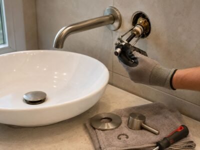 Removing a cartridge from a wall-mounted bathroom faucet through the front trim opening