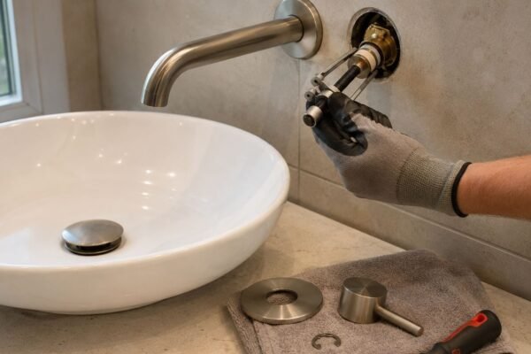 Removing a cartridge from a wall-mounted bathroom faucet through the front trim opening