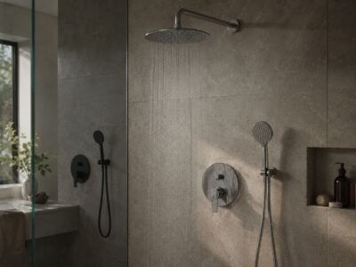 Modern shower faucet system with brass valve, chrome trim, and rainfall shower head