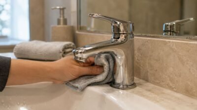 A chrome bathroom faucet being dried with a microfiber cloth to prevent water spots