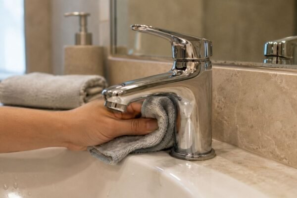 A chrome bathroom faucet being dried with a microfiber cloth to prevent water spots