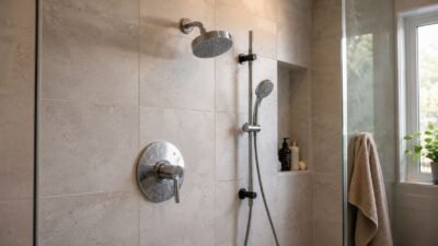 Upgraded shower faucet system with modern valve trim, showerhead, and handheld shower in a clean bathroom