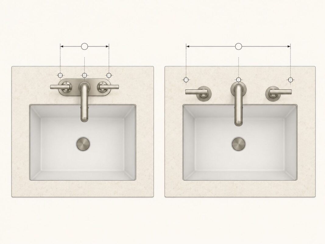 Diagram comparing 4-inch centerset and 8-inch widespread bathroom faucet hole spacing