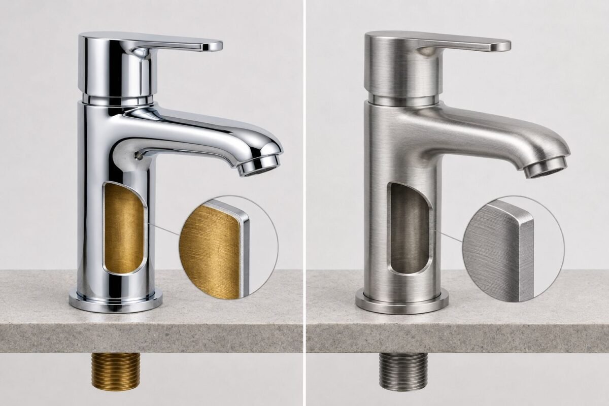 Cutaway comparison of a chrome-plated brass faucet and a solid stainless steel faucet body