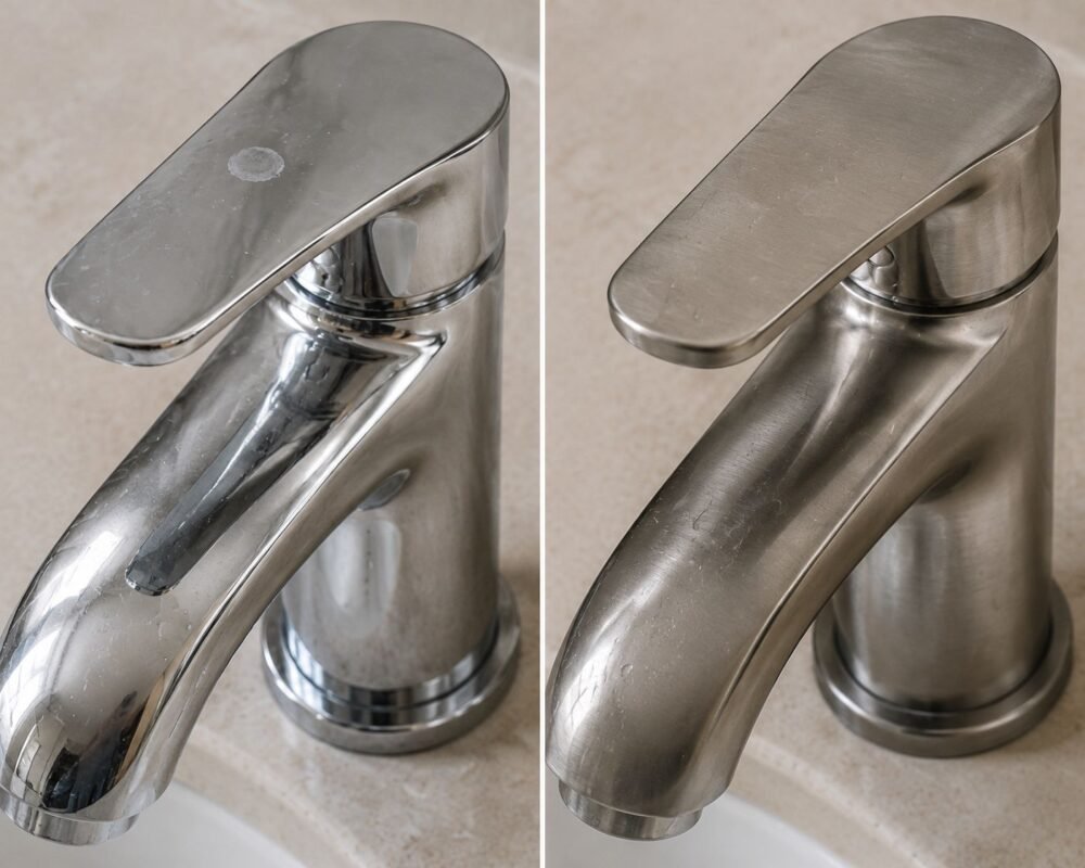Water spots and fingerprints appear more visible on chrome than on brushed nickel faucet surfaces