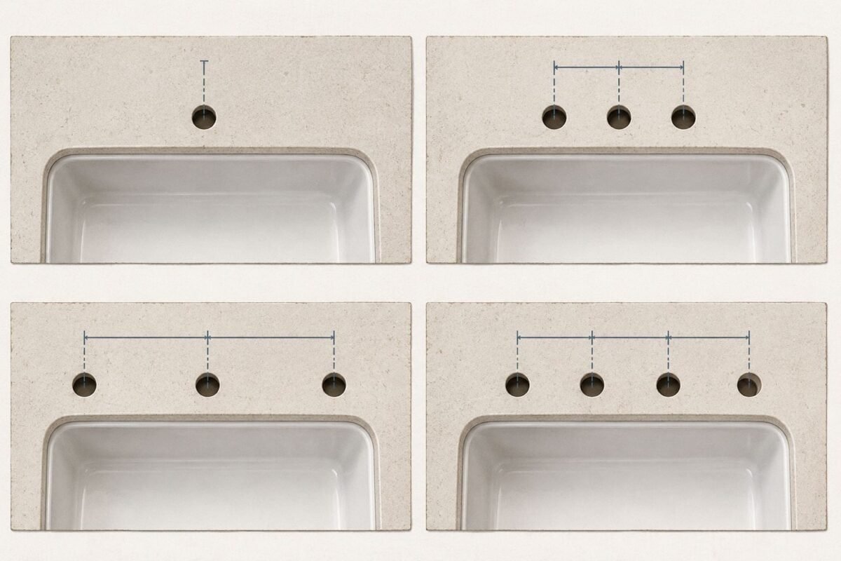 Diagram comparing one-hole, four-inch centerset, widespread, and four-hole sink configurations
