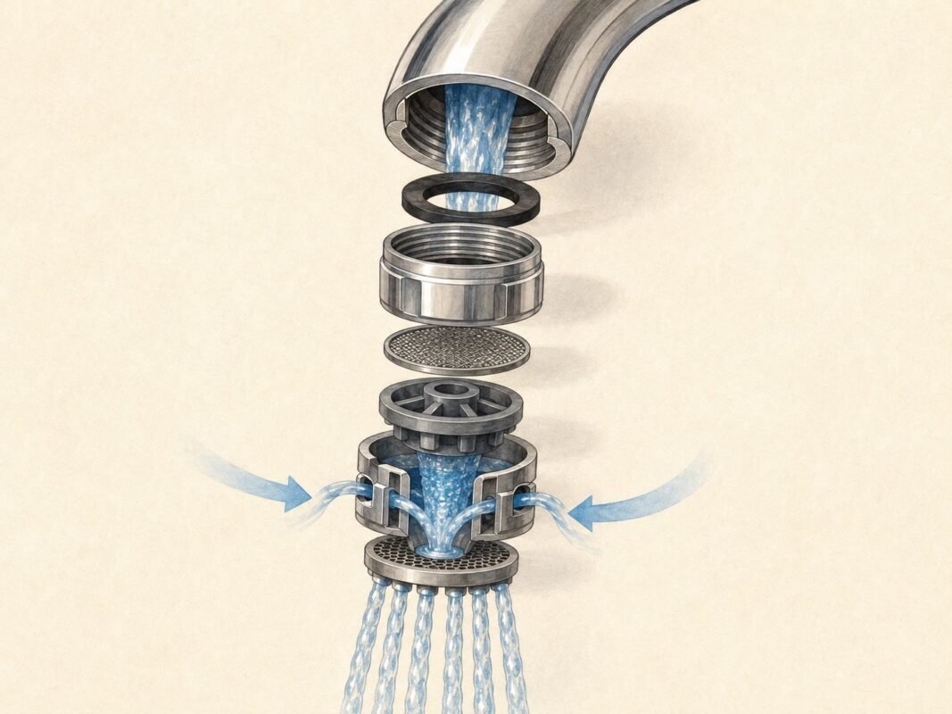 Exploded diagram showing the internal screens, washer and flow regulator of a faucet aerator