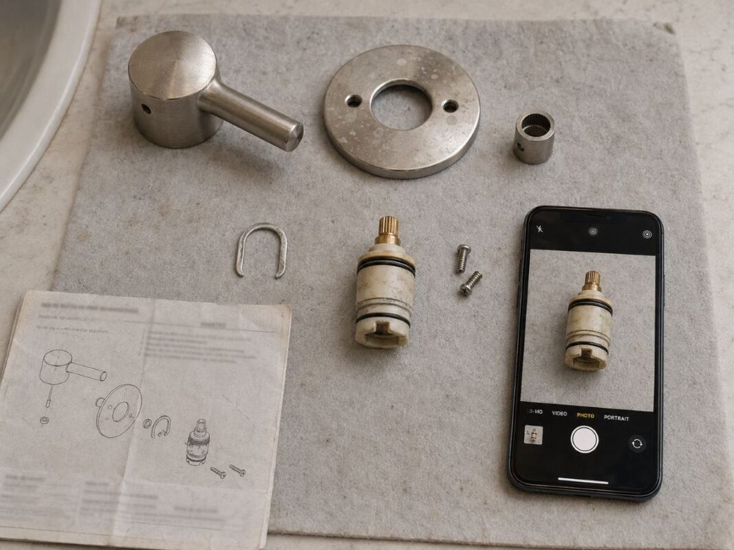Wall-mounted faucet handle, escutcheon, cartridge, and model markings used for identification
