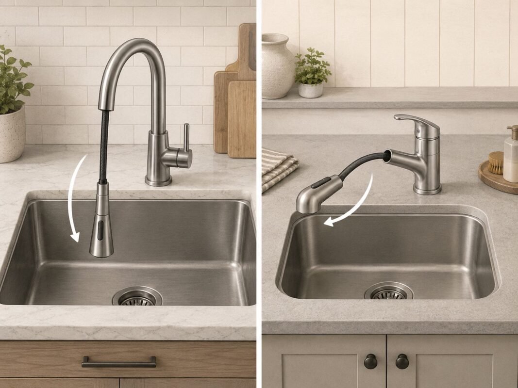 Side-by-side comparison of pull-down and pull-out kitchen faucets installed on separate sinks