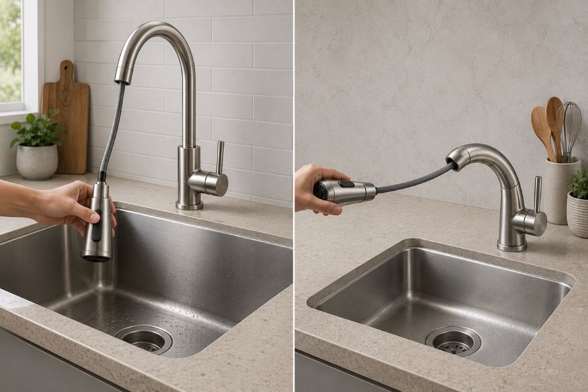 Comparison of pull-down and pull-out kitchen faucets showing different spray head directions and spout designs