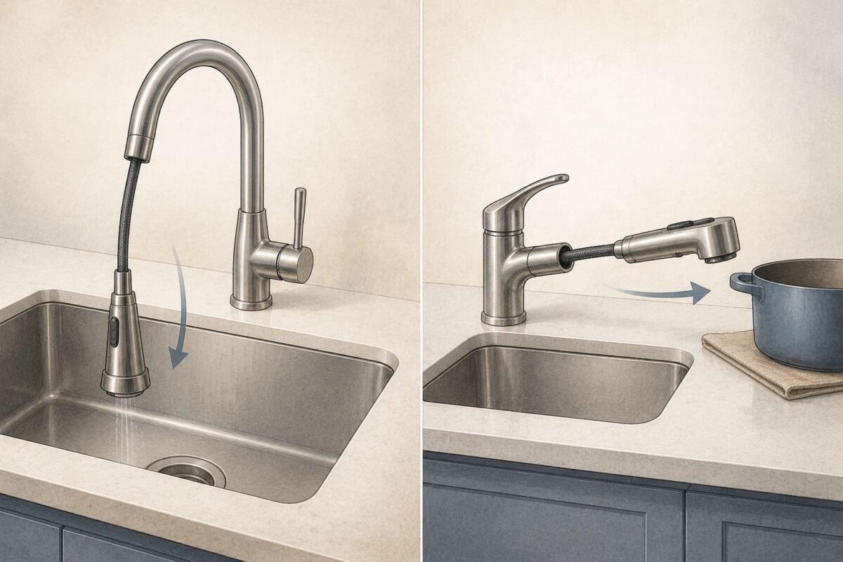 Diagram showing a pull-down spray head moving into the sink and a pull-out spray wand extending toward the countertop