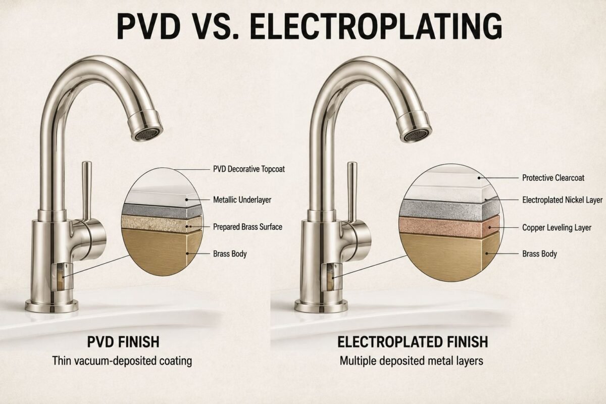 Cutaway illustration comparing PVD and electroplated faucet finish layers over brass