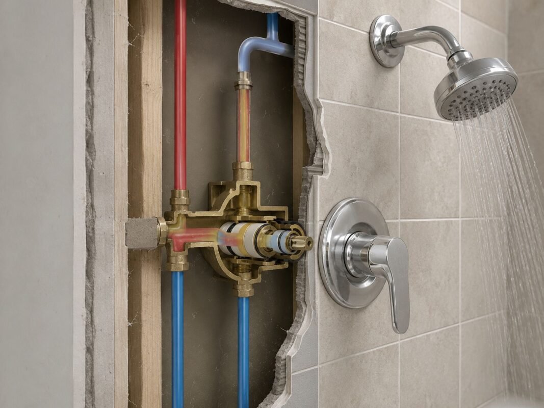 Cutaway illustration showing the shower valve behind the wall and the showerhead outside the wall