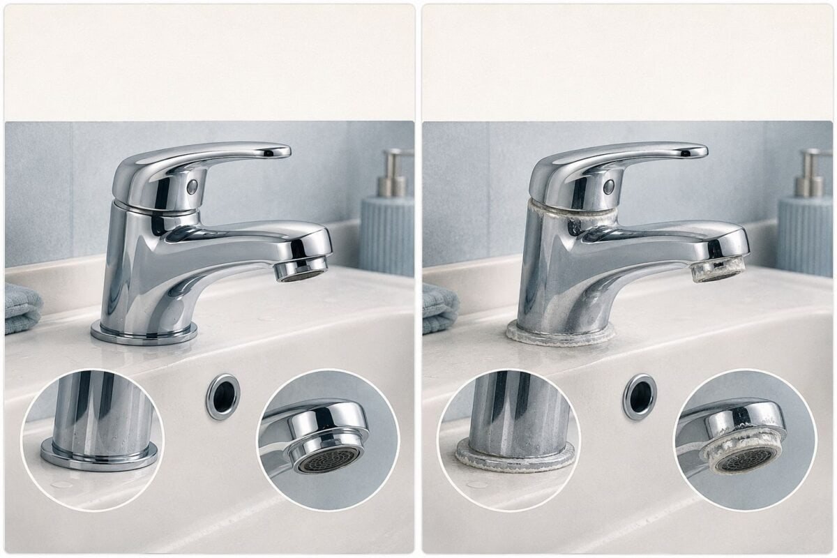 Comparison of a faucet with minimal water spots and one with hard-water mineral buildup