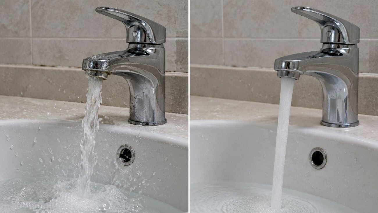 Comparison of a splashy uneven faucet stream and a smooth aerated stream