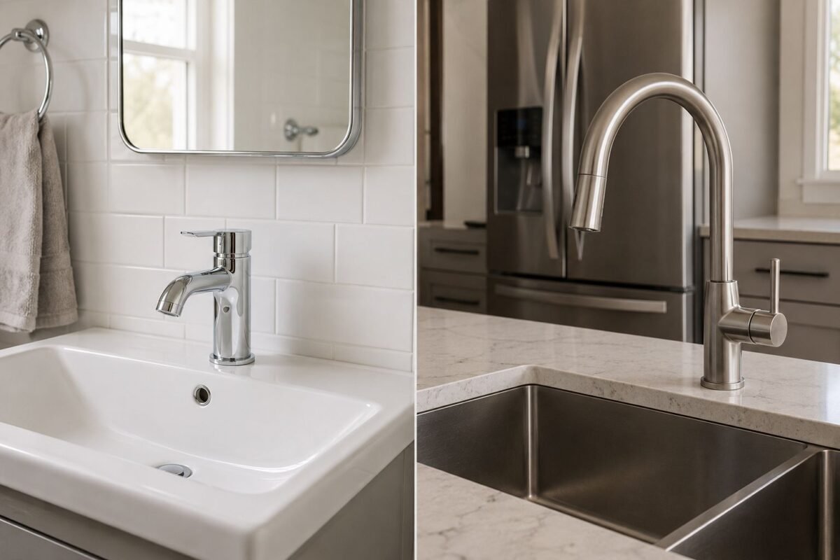Chrome faucet in a bright bathroom and brushed stainless steel faucet in a contemporary kitchen