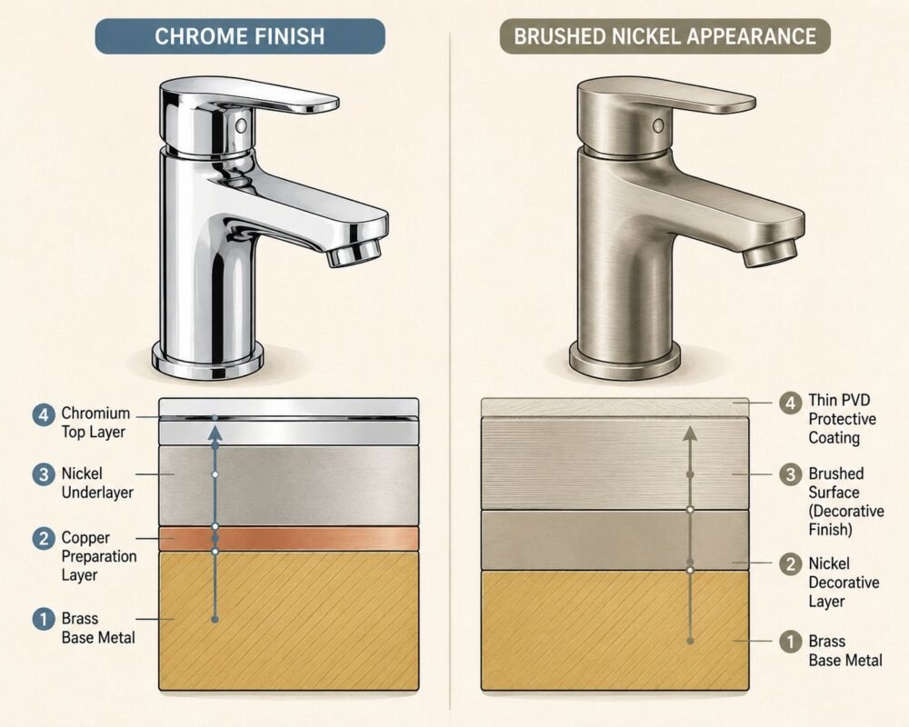 Diagram comparing the coating layers used for chrome and brushed nickel faucet finishes