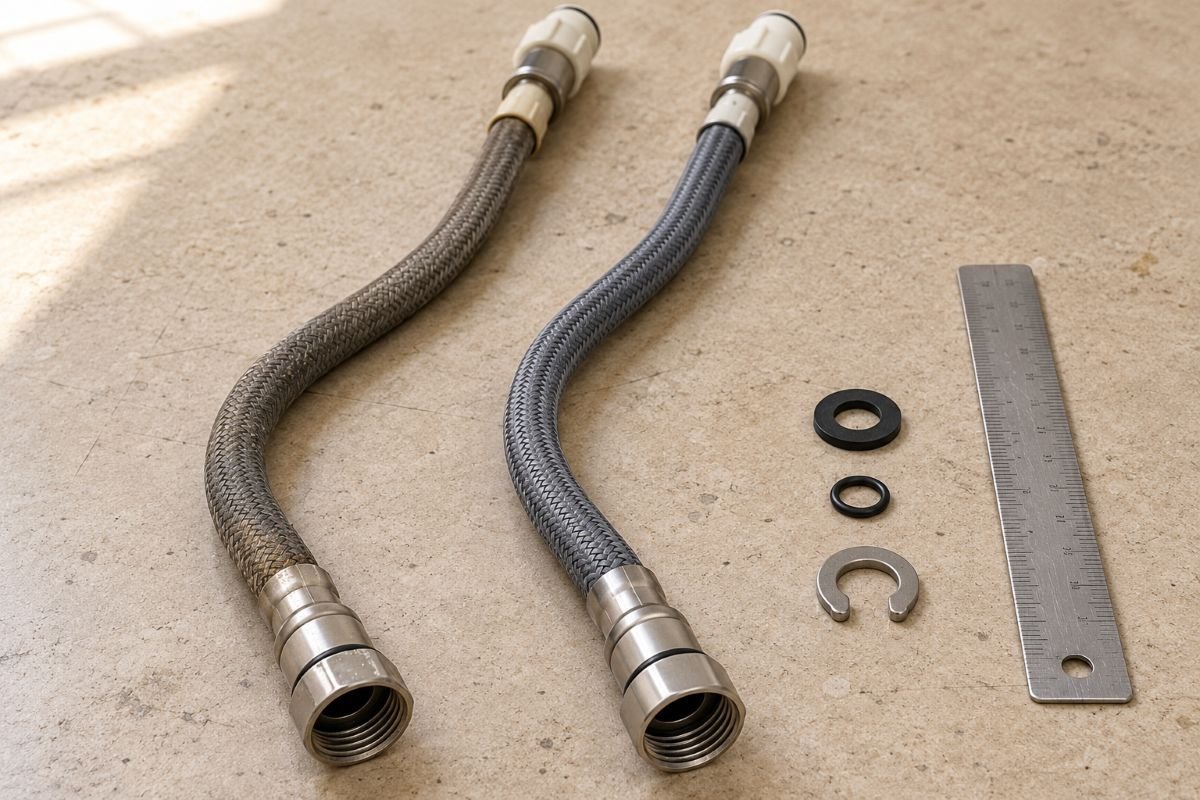 Old and new kitchen faucet sprayer hoses compared by length, connectors, washer and retaining clip