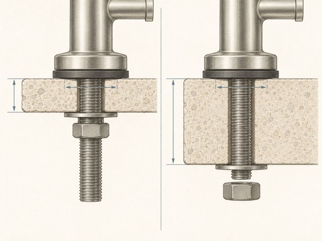 Cutaway diagram showing faucet mounting-hole diameter, deck thickness, shank, gasket, and mounting nut