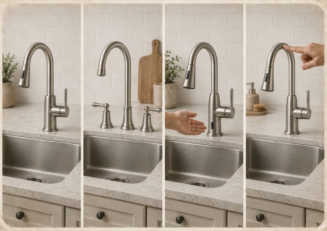 Comparison of single-handle, two-handle, motion-sensor, and touch-activated kitchen faucets