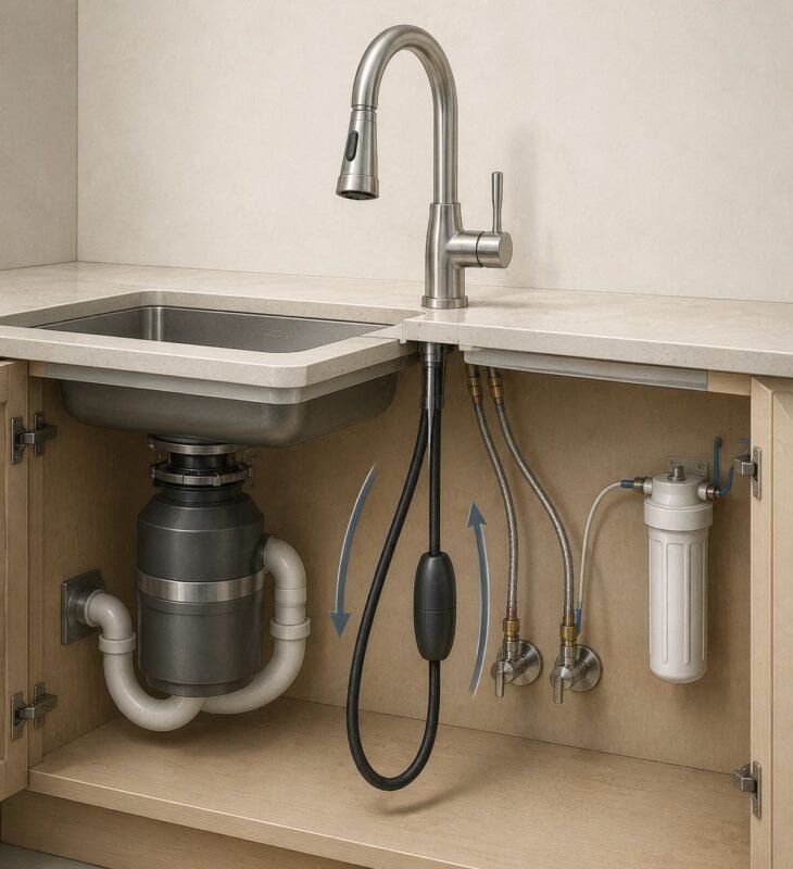 Cutaway illustration of a retractable kitchen faucet hose, counterweight, and spray-head docking system